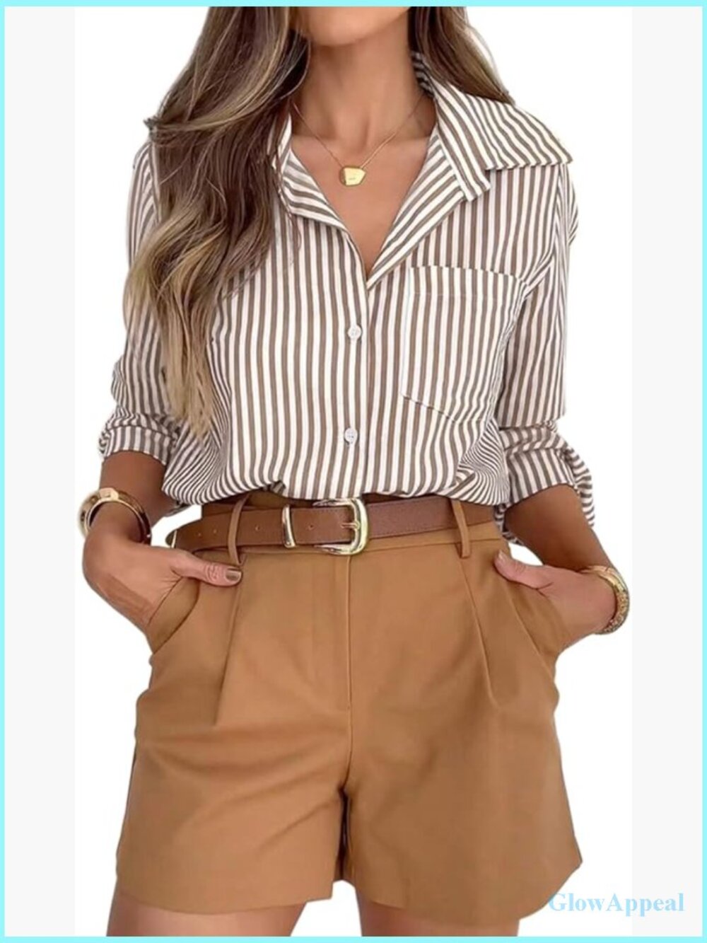 Striped Button Down Shirt Long Sleeve Office Work Blouse Top with Pocket